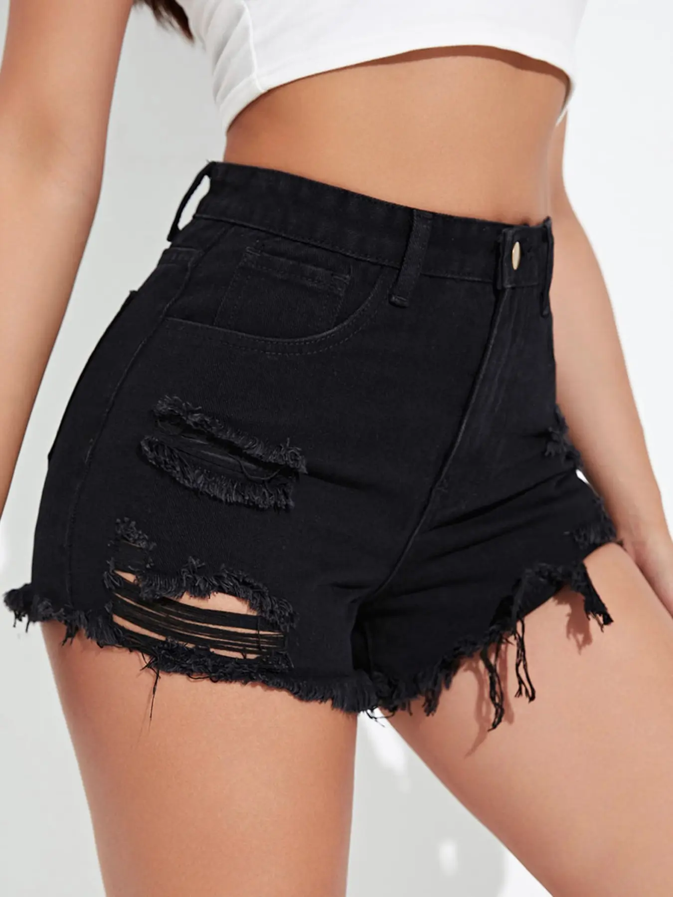 Small Size Women's Casual Ripped Hem Pocket Jeans Shorts, Denim Summer Shorts, Casual Fitted Shorts, Slim-Fitting Plain Style, All Seasons Wear, Comfortable and Stylish