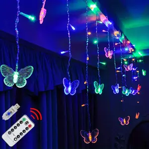 1pc 21.3ft 6.5m 100 LED Curtain Lights Room Decor Christmas Holiday Lights LED Decorative Fairy String Light 8 Modes Twinkle String Light Remote USB Powered Window Fairy Lights For Holiday Wedding Party Bedroom Patio Decor Butterfly Steel Ornaments