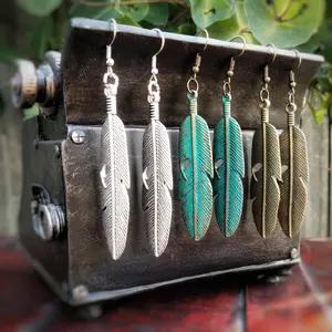 business Sharron Renée DHARK RHED Feather Earrings Bronze Silver Blue Antique Unisex Jewelry Sharron Renée Christmas Gift Female Male Casual Elegant handmade