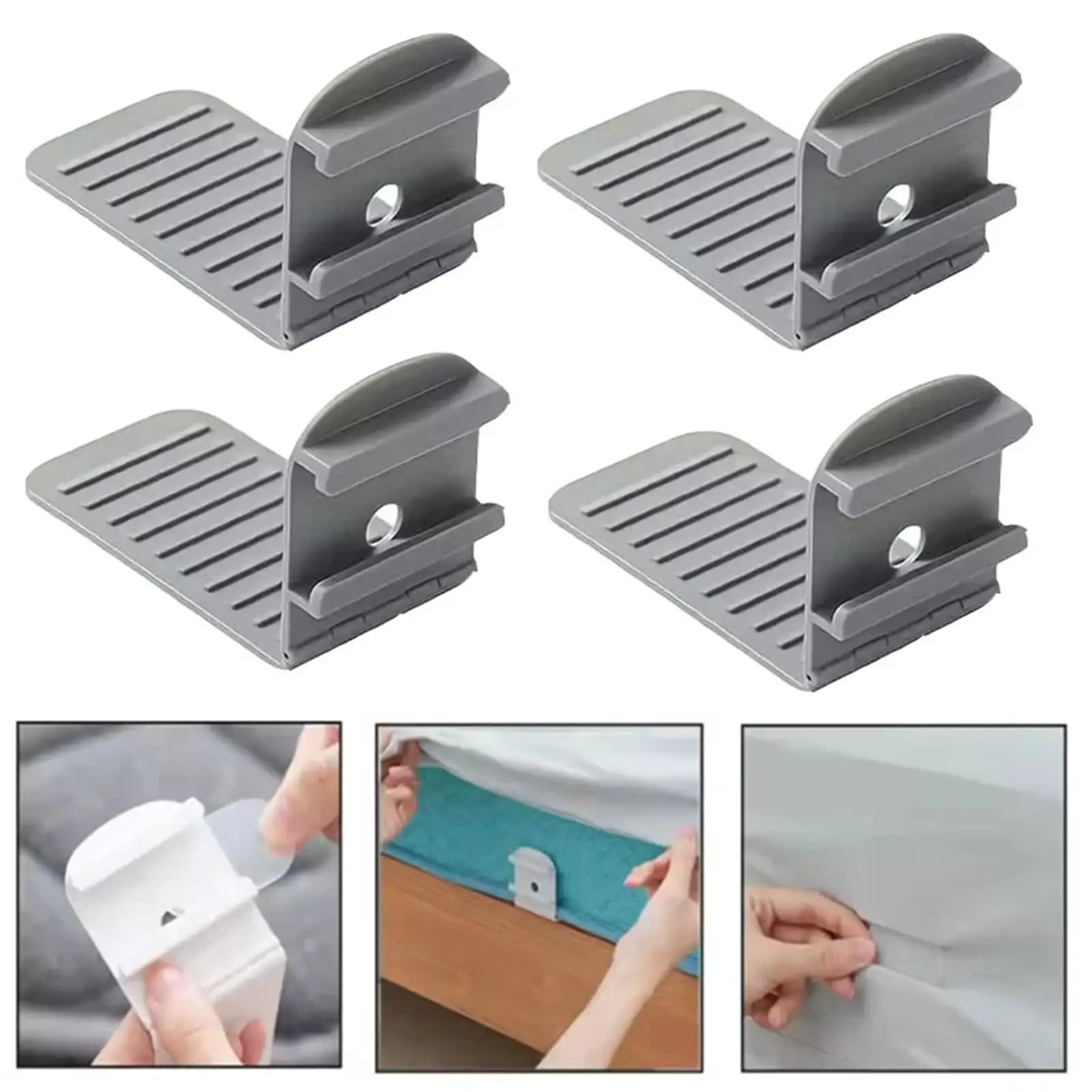 Invisible Non-Slip Bed Sheet Clips, 4-Pack No-Drill Adjustable Plastic Grips with Transparent Plates for Mattress Covers(Grey-4pcs)