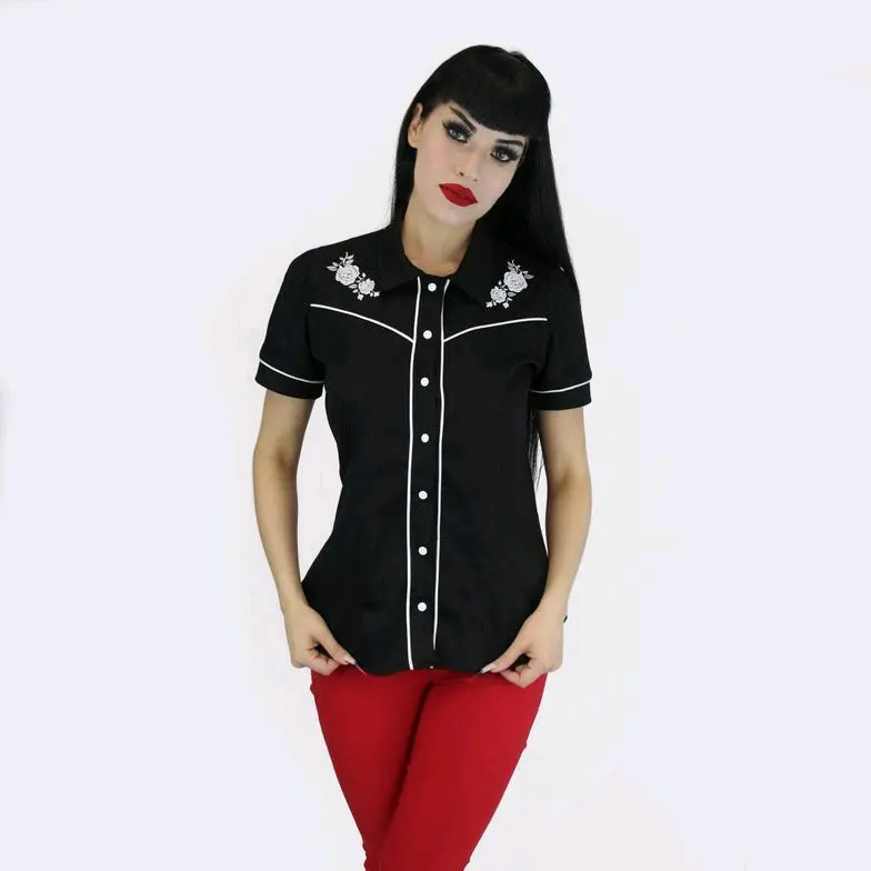 White Rose Floral Black Western Rockabilly Women Top , Vintage PinUp Country Blouse XS-3XL
