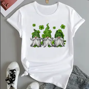 Christmas Gnome Print T-Shirt Women's Casual Crew Neck Short Sleeve Fitted Top Soft Fabric Regular Fit Street Style