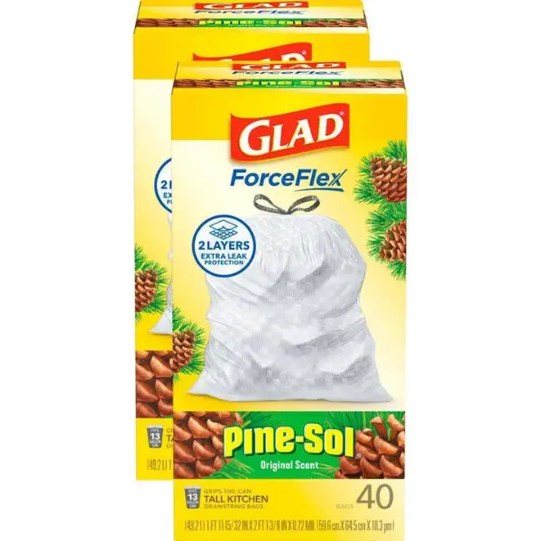 Glad 13 Gal. ForceFlex Tall Kitchen Drawstring Pine-Sol Original Scent Trash Bags, Anti-Puncture Trash Bags, Odor Control Trash Bags, Pine-Sol Scented Bags, Leak Proof Trash Bags, Drawstring Kitchen Bags, Heavy Duty Trash Bags.