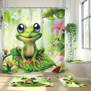 Frog Theme Polyester Shower Curtain Set with 12 Plastic Hooks, Waterproof Cover, Anti-Slip Floor Mat, U-Shaped Toilet Mat - Nature-Inspired Green Bathroom Decor with Cartoon Dragonfly, Leaves, Animals, Flowers for Splash Protection