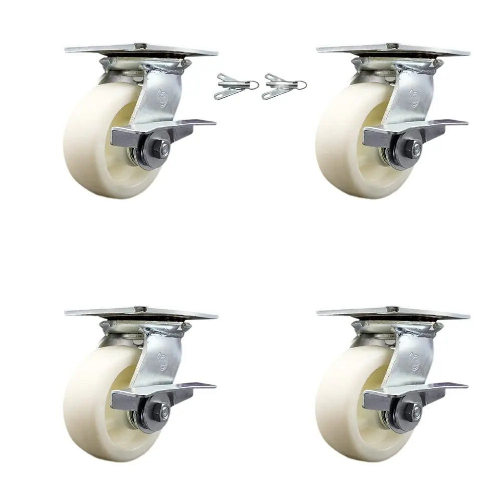 Service Caster Series No.35 SCC-35S520-NYB-BSL-2 Heavy Duty Large Top Plate Nylon Swivel Castors with Brakes, Maintenance-Free Bearings, 5x2 in. White Wheels, 3600 lbs Capacity - 4-Pack for Carts, Equipment, Material Handling, Shop Projects