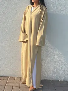 L411（Beige Linen-Blend Open Abaya with Side Slits, Casual Modest Muslim Kimono Outerwear）