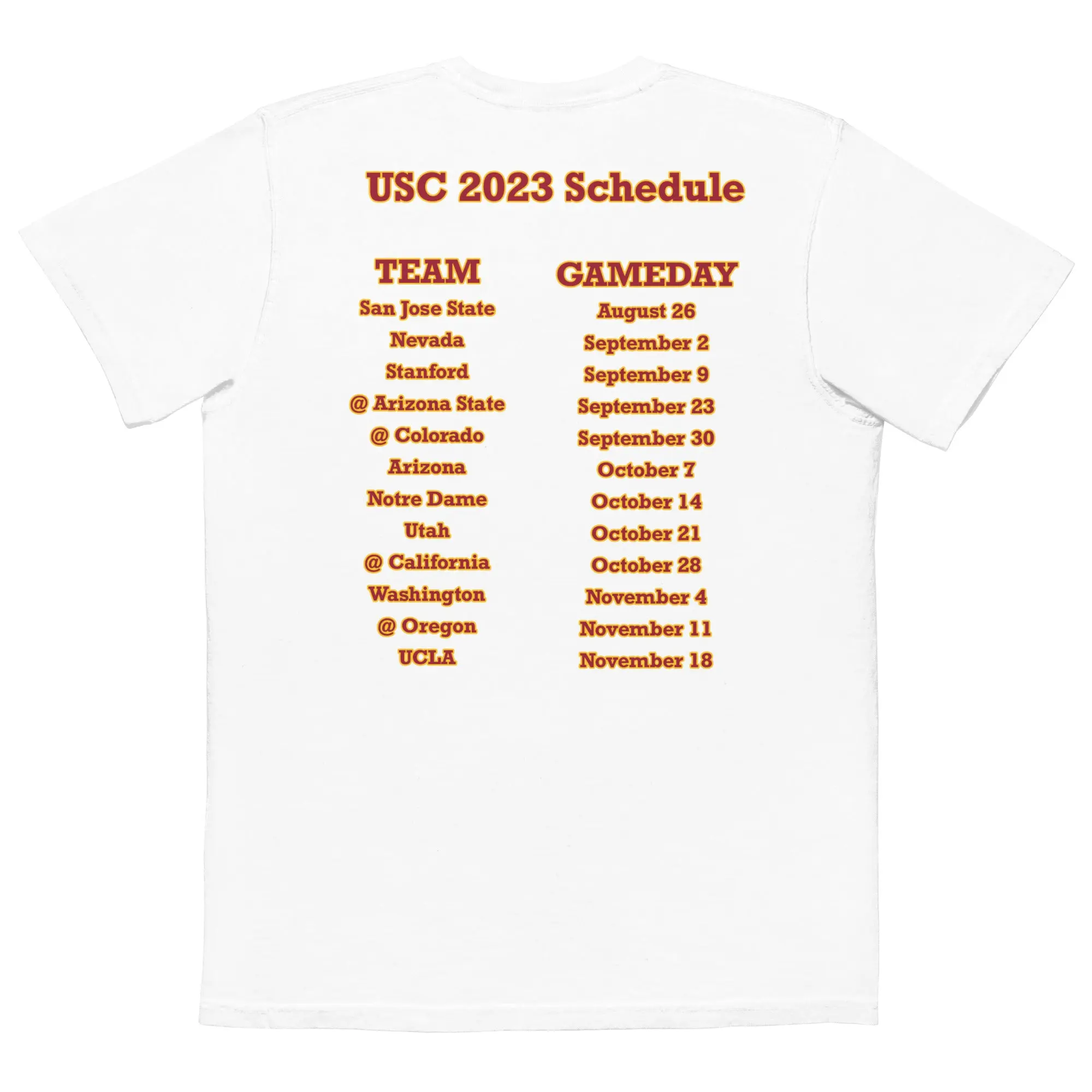 USC 2023 Schedule T-Shirt - White with Team and Game Date Design - Casual Wear for USC Fans