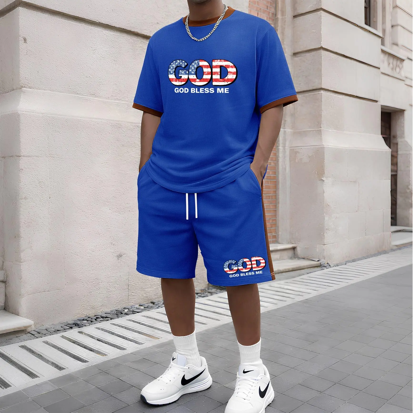 Men's God Graphic Short-Sleeved T-Shirt And Drawstring Shorts Set, Men's Clothing, Casual Sports Short-Sleeved Top And Shorts, Men's Summer Everyday Wear, Indoor And Outdoor Sportswear, Sports Set.