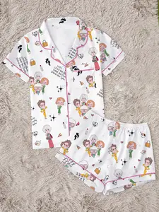 Golden Girls Classic Role Printed Lapel Short Sleeve Shorts Pajama Set, Comfortable Wearable Party Gift Homewear, All Seasons Fitted Casual Style
