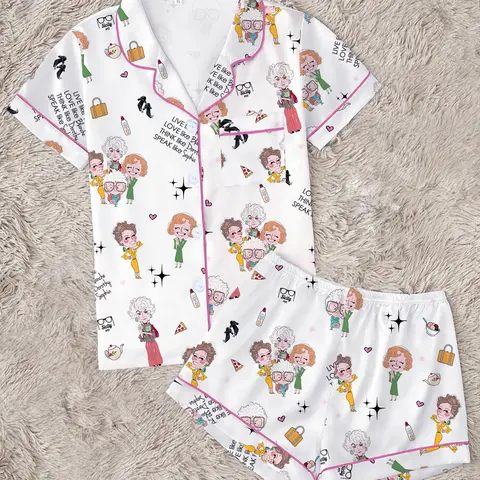 Golden Girls Classic Character Print Lapel Short-Sleeve Shorts Pajama Set, Comfortable Homewear, Party Gift, All-Season Fitted Casual Style, Home Sleepwear Loungewear