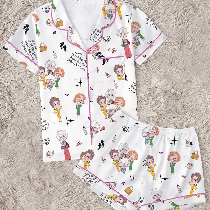 Golden Girls Classic Character Print Lapel Short-Sleeve Shorts Pajama Set, Comfortable Homewear, Party Gift, All-Season Fitted Casual Style, Home Sleepwear Loungewear
