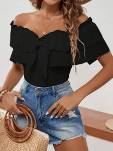 Women's Summer Solid Color Off-Shoulder Multi-Layer Chiffon Knit Chic Top, Daily Wear One-Shoulder Ruffle Tie Slim Fit Shirt