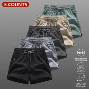 5 packs Men's Plain Solid Color Drawstring Pocket Shorts, Mens Clothing, Athleisure Casual Elastic Waist Pockets Shorts for Summer Breathable Men's Athletic Bottoms for Daily Wear,Summer Shorts SpringStatements