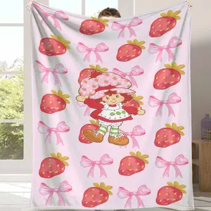 Strawberry Girl Flannel Blanket with Cute Berry and Pink Bow Print， Soft Warm Cozy Lightweight， Perfect for Bedroom Sofa Picnic Travel Anniversary Gift