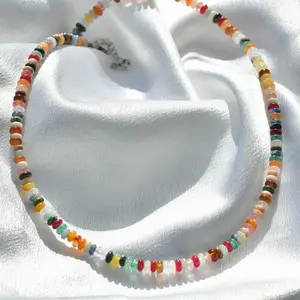 Muted Mixed Rondelle Gemstone Beaded Necklace, Disc Gemstone Beaded Necklace, Waterproof Crystal Beaded Choker, Gold-Filled, Stainless Steel