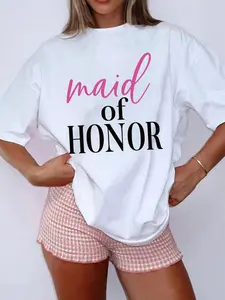 Women'S Plus Size Maid of Honor T-Shirt - White Crew Neck with Pink Text, Wedding Party Clothing - Washable Bridal Crew Outfit for Maid of Honor Bridesmaids - Casual Wedding Wear