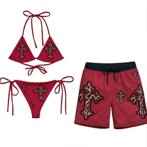 Summer Red Leopard Cross Couple Swimsuit Set, Couple Beach Set Gothic Style Bikini & Sports Mesh Shorts for the Beach Party, Honeymoon Gift, Family Vacation Outfit
