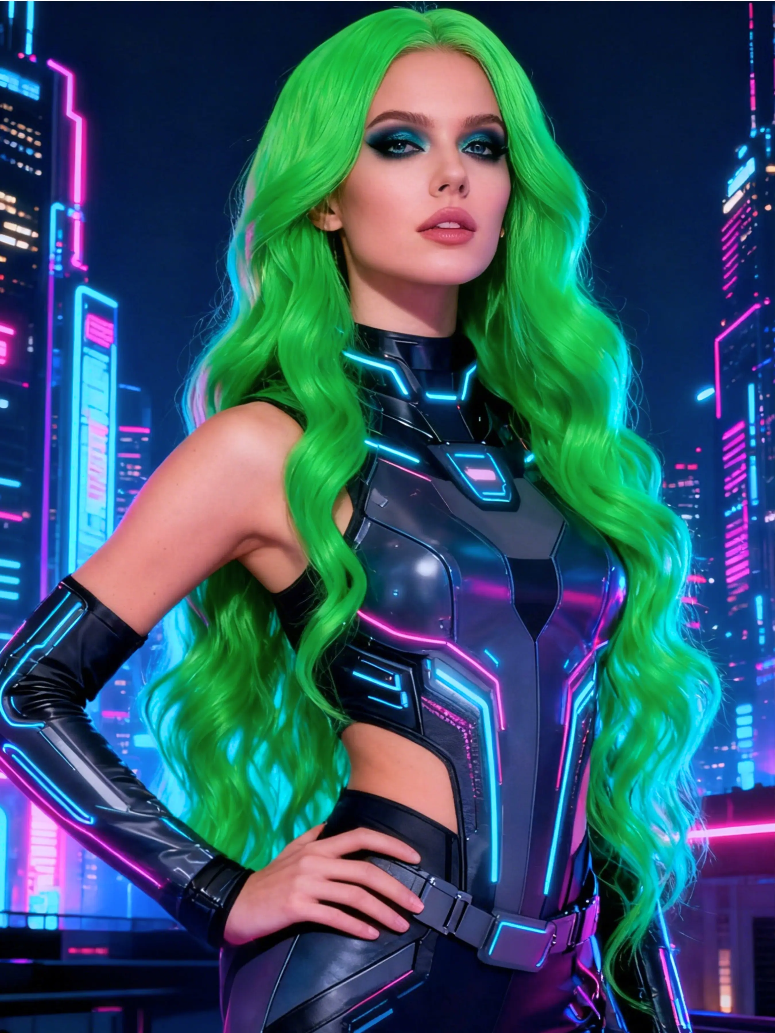 Neon Green 13x4 Lace Front Wig Cyberpunk Style Body Wave Synthetic Wig Free Part Natural Hairline Heat-Resistant Fiber for Women Parties Cosplay Stage 28 Inches Wavy Synthetic Hair