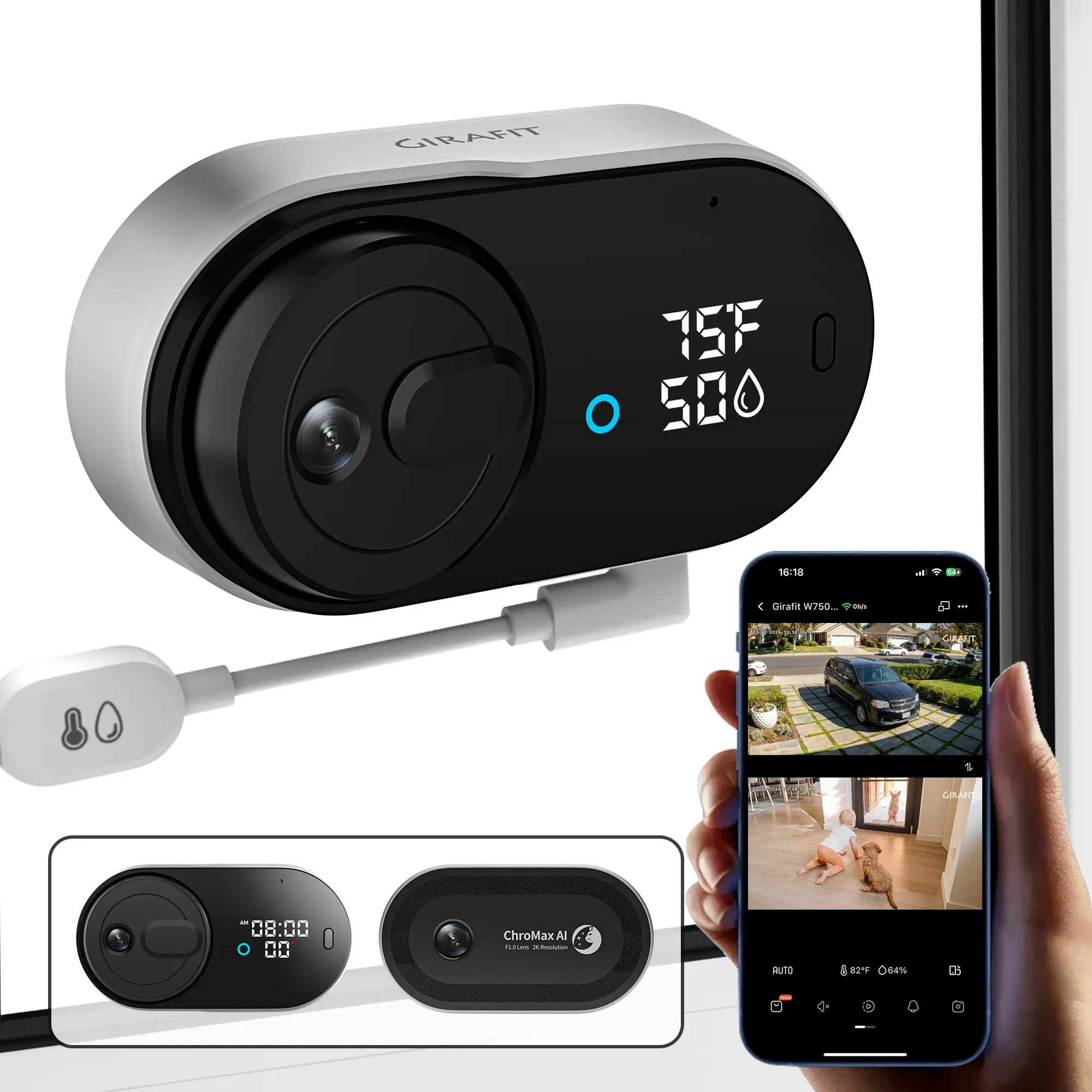 Girafit 3MP 2K dual view window security camera for simultanous outdoor and indoor view 125 wide angle 4x zoom ChroMax AI 2.0 Color night vision recording Person/Pet/Vehicle Detection Easy Install on window