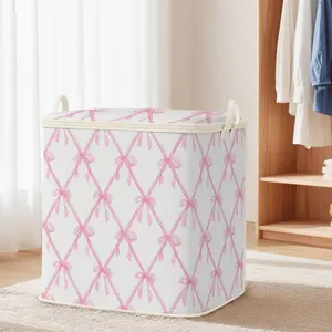 Large Capacity Lidded Storage Box, Bow Print Foldable Storage Organizer Bag, Durable Non-Woven Fabric, Perfect Home Gift for Blankets, Quilts, Clothes