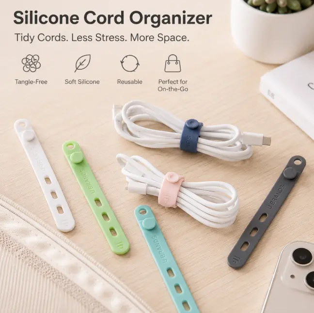 Reusable Silicone Cable Organizer Bands 6 Pack | Cord Wraps for Chargers, Earbuds & USB Cables