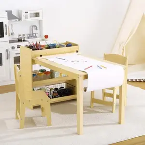 Kids Art Table, Toddler Craft Play Wood Activity Desk with 2 Chairs, Large Storage Shelves, Ideal for Writing & Drawing, Nursery, Classroom