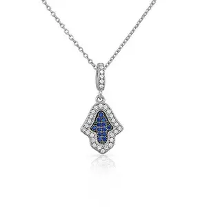 925 Sterling Silver Hamsa White Blue CZ Pendant Necklace