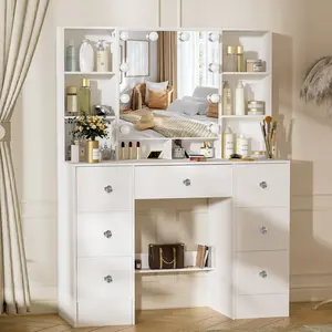 Bedroom dressing table: a large dressing table with a mirror and lighting; this white unit features 7 drawers and 6 shelves, and the set comes with LED lighting and 3 lighting modes, with adjustable brightness