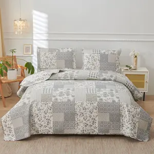 Grey White Floral Plaid Quilt  Size Lightweight Patchwork Bedspread Soft Breathable Check Quilts Gingham Bedding Checker  Coverlet Bed Cover Set Geometric  Decor