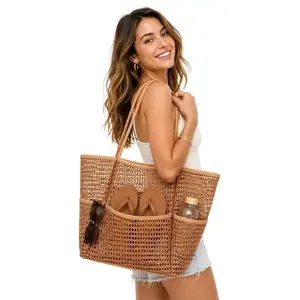 Large Mesh Beach Tote Bag with Pockets, Lightweight Open-Weave Shoulder Tote with Interior Zipper Pocket for Pool, Beach, Travel, Swim & Gym