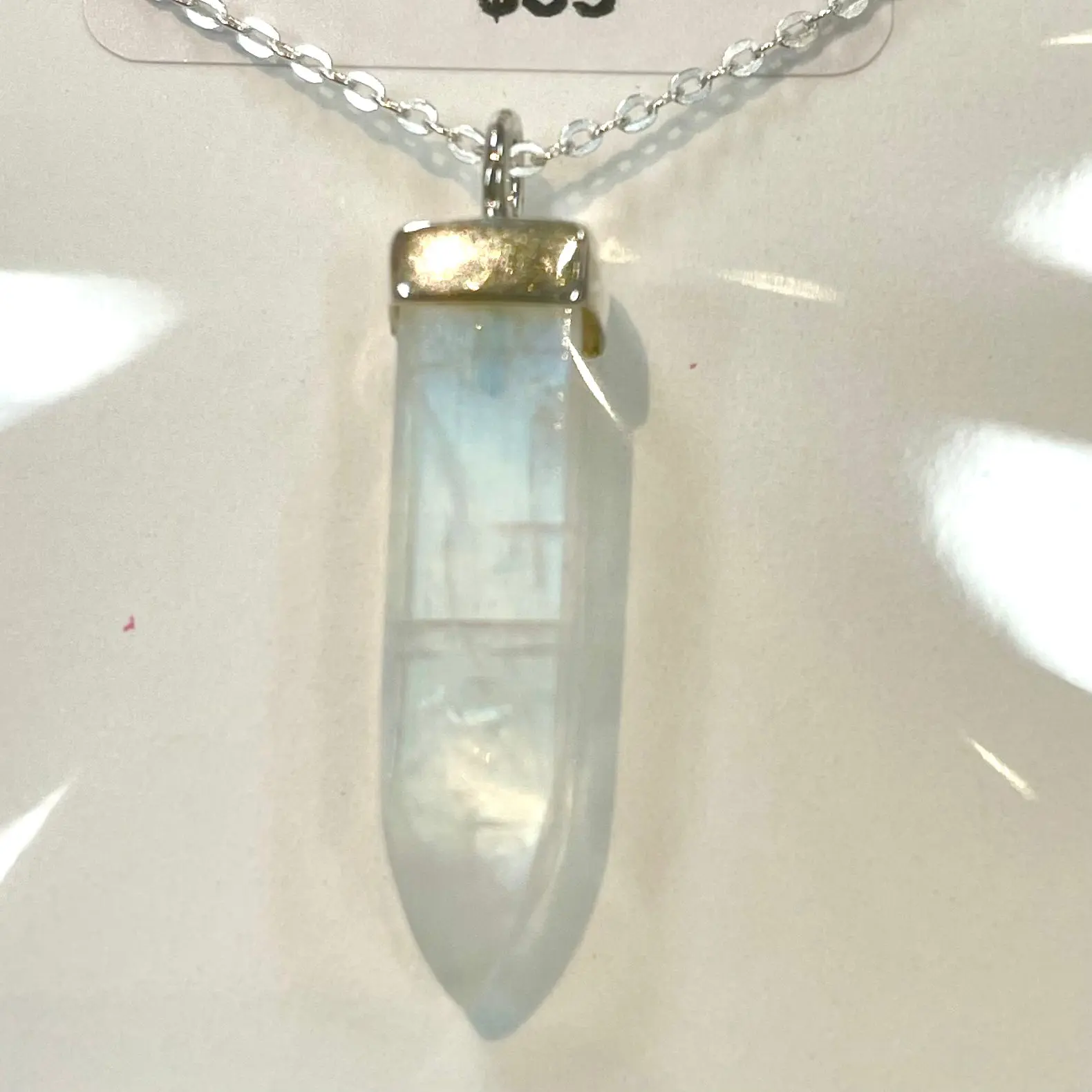 Rainbow Moonstone S.S Polished Point Pendant with Chain #J848
