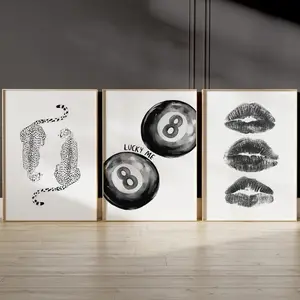 Trendy Set of 3 Poster Leopard, Lucky Me Black White Funky 8 Ball, Retro Kiss Lips Poster, Cheetah Dorm Room Decor