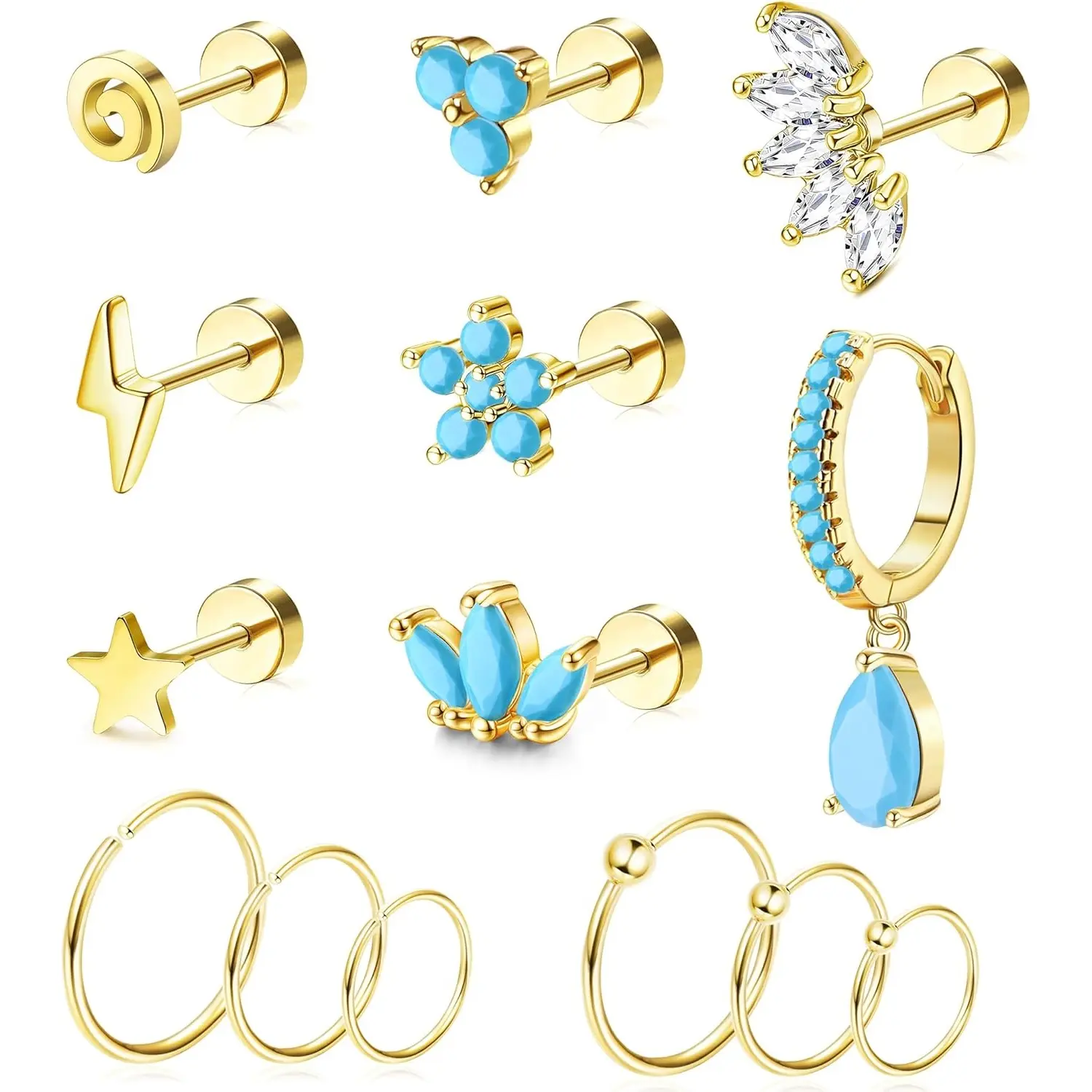 Unisex 14-Piece Non-Tarnish Golden Stainless Steel & Copper Piercing Jewelry Set - 16 Gauge Dainty Gemstone Hoop Septum Rings, Cartilage Tragus Studs, Turquoise Earrings for Rook Daith Ear Piercings, Dainty Piercing Jewelry, Gemstone Piercing Jewelry