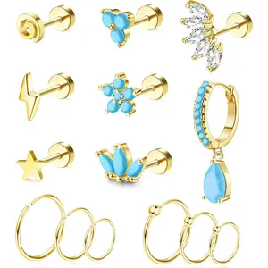 Glamorous 14 Pcs Golden Brilliant Piercing Jewelry Set for Women Men 16G Stainless Steel Copper Cartilage Tragus Stud Earrings Turquoise Earrings Rook Daith Hoop Earrings Set Ear Piercing Jewelry
