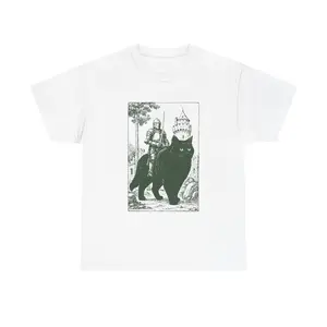 Medieval Knight Riding Giant Black Cat Graphic T-Shirt