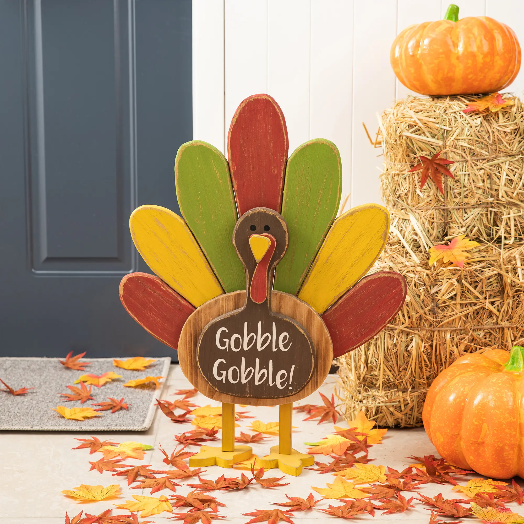 Glitzhome Modern Solid Wood Freestanding Thanksgiving Turkey Decor - 24.25"H Birds Figure with Sound Effect, Colorful Wings, Floor Mount Design (KD) for Friends