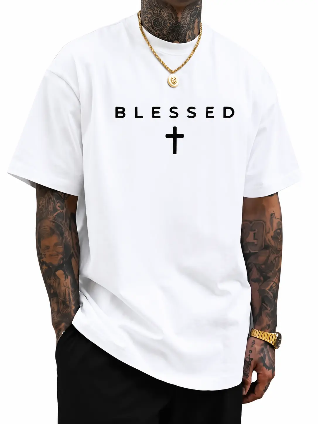 Men’s 100% Cotton Round Neck Short Sleeve Graphic T-Shirt - Unisex Comfort Fit, Lightweight Breathable Knit Top, Cross & "BLESSED" Print, Sleek Black, All Seasons Streetwear, Cold Wash Compatible