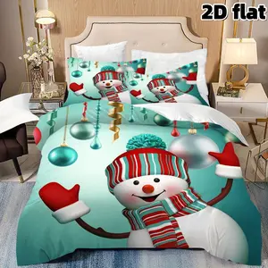 2D Flat 3Pcs Christmas Snowman Bedding Turquoise Winter Holiday Duvet Cover Festive Ornaments Design Cheerful Bedroom Decor Soft Microfiber Bedding Collection Christmas Gift Bedding