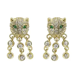 Panther Drops Stud Earrings with Emerald Eyes and Diamond Dangles for Women's Fashion