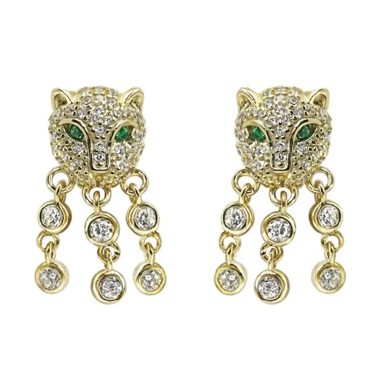 Panther Drops Stud Earrings with Emerald Eyes and Diamond Dangles for Women's Fashion