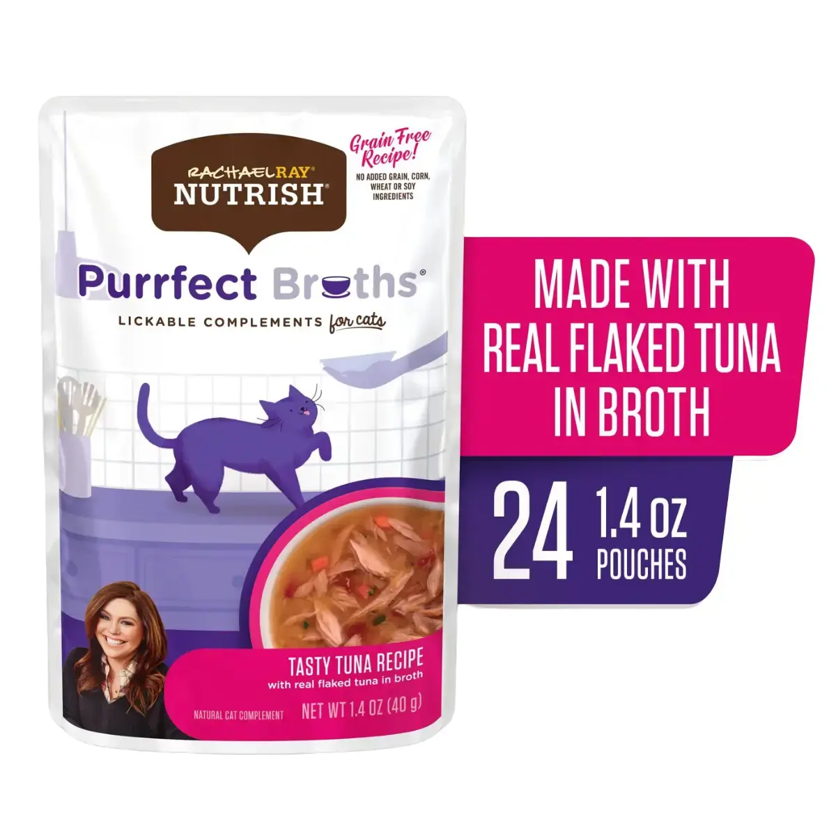 Rachael Ray Nutrish Purrfect Broths Natural Wet Cat Food, Tasty Tuna Recipe with Flaked Tuna & Veggies, 1.4 Ounce Pouch (Pack of 24), Grain Free