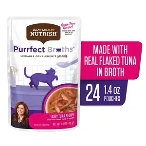 Rachael Ray Nutrish Purrfect Broths Natural Wet Cat Food, Tasty Tuna Recipe with Flaked Tuna & Veggies, 1.4 Ounce Pouch (Pack of 24), Grain Free