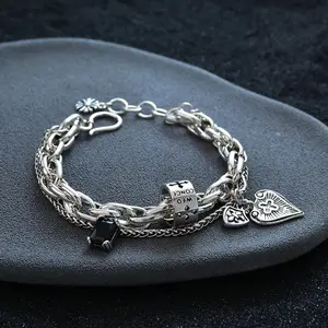 925 Sterling Silver Heart Cross Pendant Bracelets Trend Vintage String Jewelry For Women And Men Ideal For Party Wear And Gifting