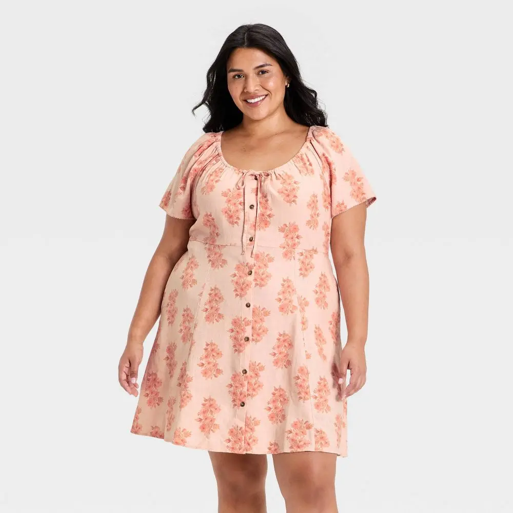Women's Short Sleeve Button-Front Mini Sundress - Universal Thread Peach Floral 2X