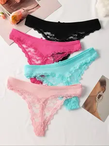 Elegant Lace Trim Panty Set,, 4 Pack, Floral Pattern, Bow Design, Romantic Night, Sexy and Alluring Lingerie, Multi-Color, Sizes S-Xl