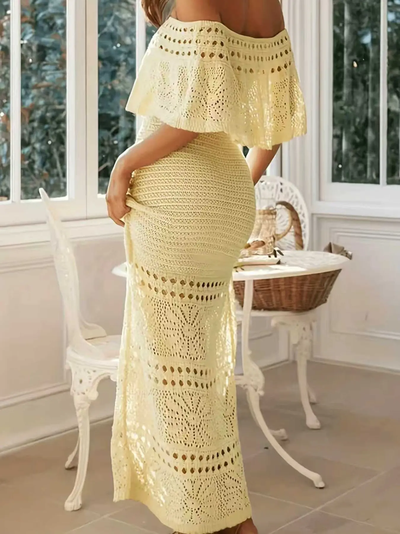 white christmas dresses Crochet lace off shoulder midi dress – KTN Clothing main image 0