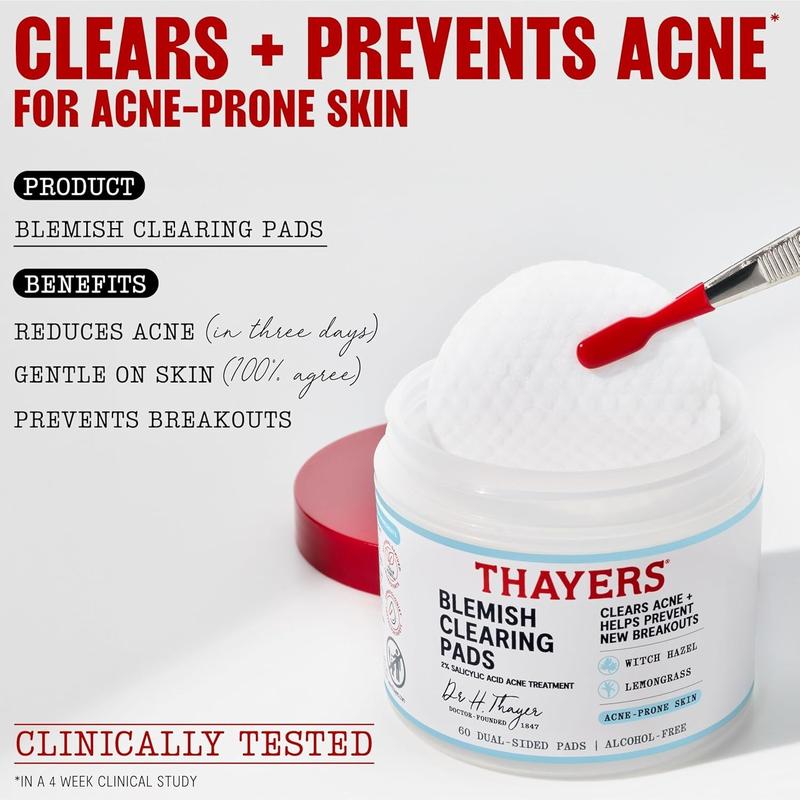 Thayers Blemish Clearing Acne Pads 2% Salicylic Acid Treatment for Face Pore Reducing Exfoliating Soothing Skincare Witch Hazel Toner Pads 60 Ct