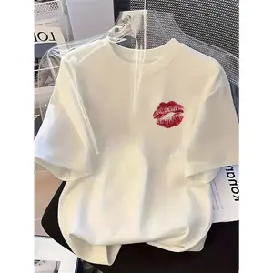 Womens Cotton Short Sleeve Graphic Tee White Crewneck Soft Breathable Casual Summer Top Cute Red Lip Print Streetwear Everyday Outfit