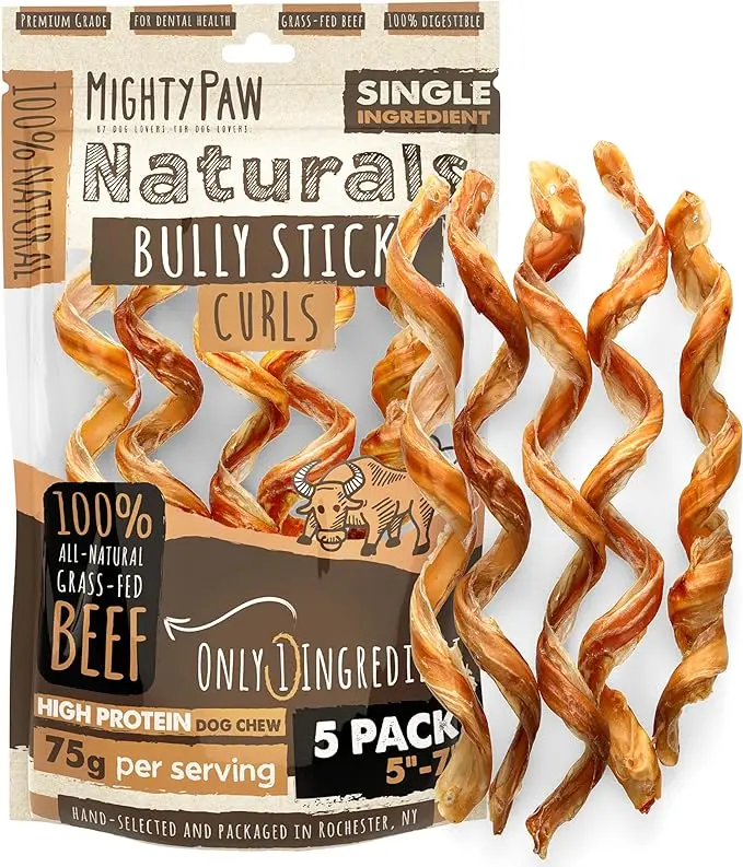 Mighty Paw Naturals Curly Bully Sticks: All-Natural High Protein Dog Chews for Healthy Teeth and Gums