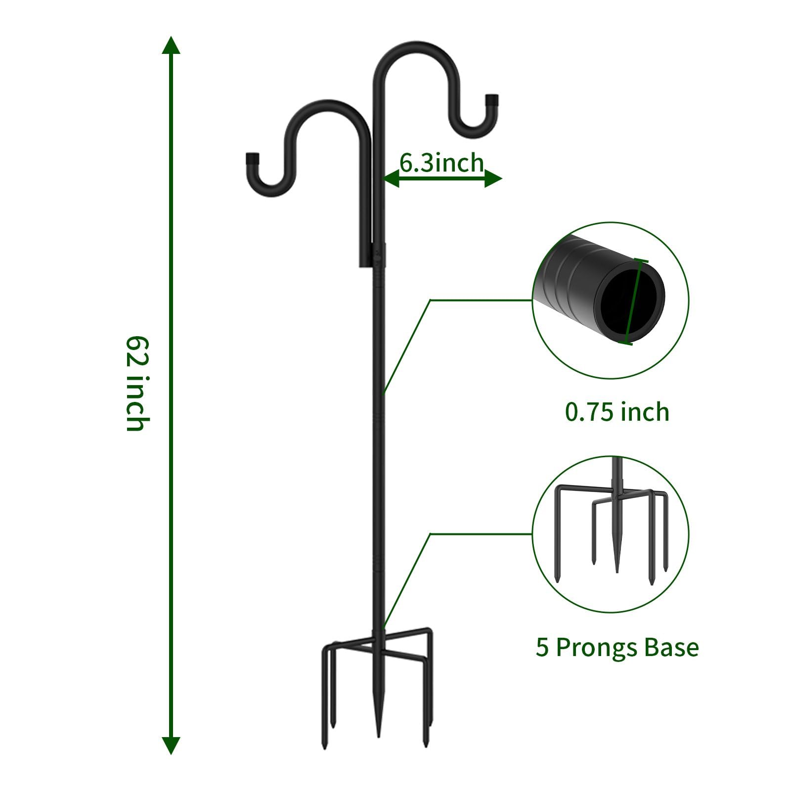Double Shepherds Hooks for Outdoor,62 Inch/76 Inch/92 Inch, 2-Pack Heavy Duty Garden Pole for Hanging Bird Feeder, Plant Baskets, Solar Light Lanterns, Garden Plant Hanger Stands with 5 Base Prongs
